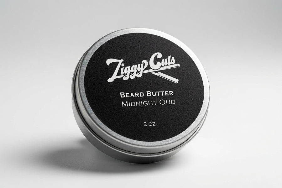 Midnight Oud beard butter closed tin by Ziggy Cuts