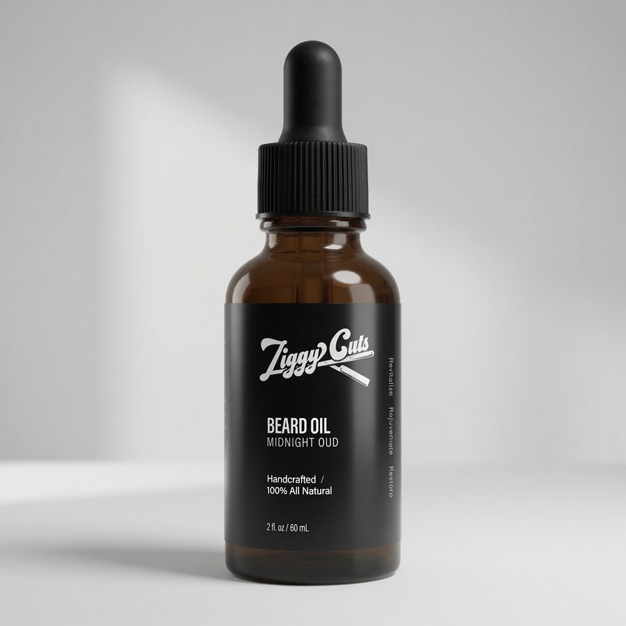 Midnight Oud beard oil bottle by Ziggy Cuts