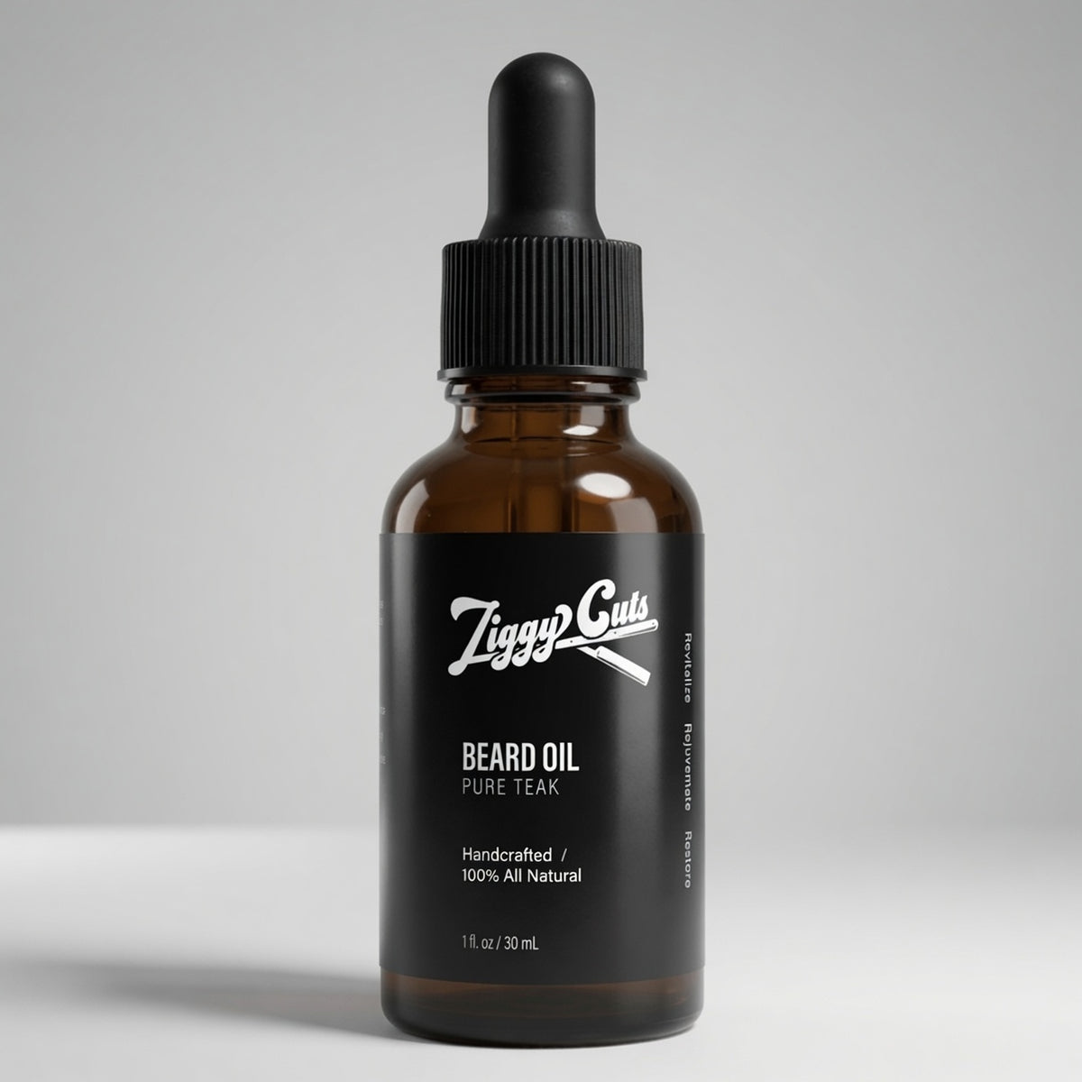 Pure Teak beard oil bottle by Ziggy Cuts